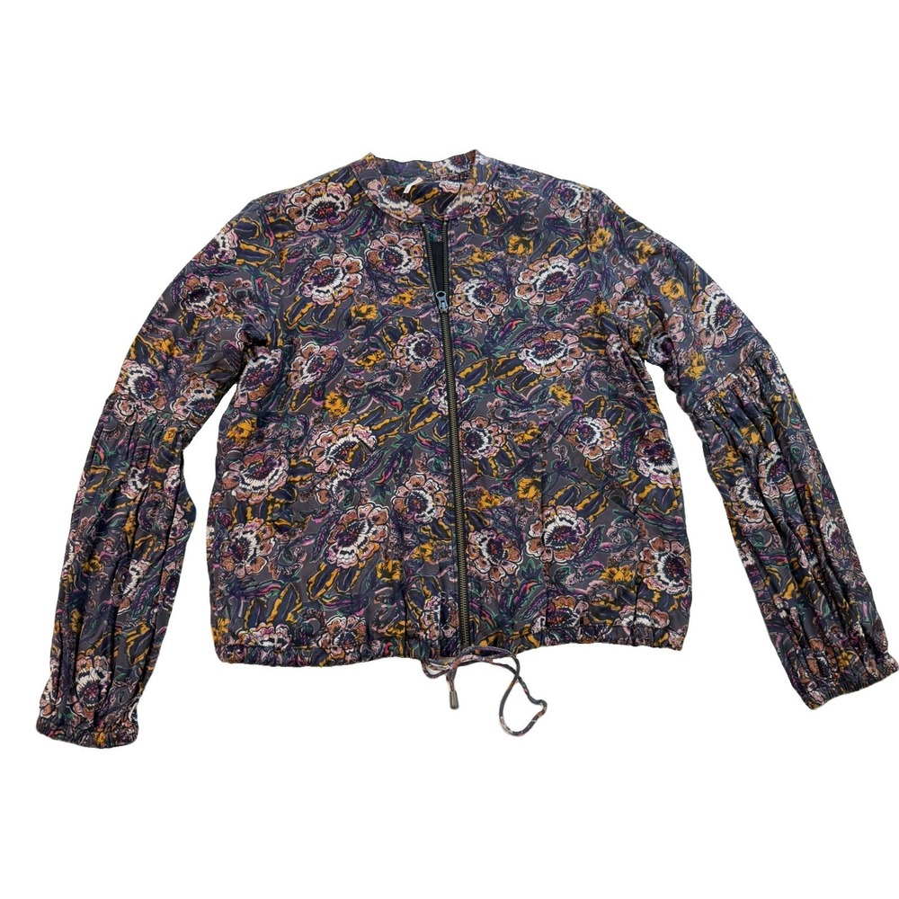 Free People Soft Printed Balloon Sleeve Jacket Size XS Purple Floral Boho Zip-Up